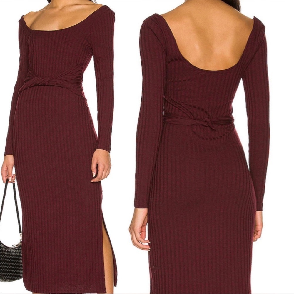 MINKPINK Nora Waist Tie Maroon Slit Midi Dress Size S, M